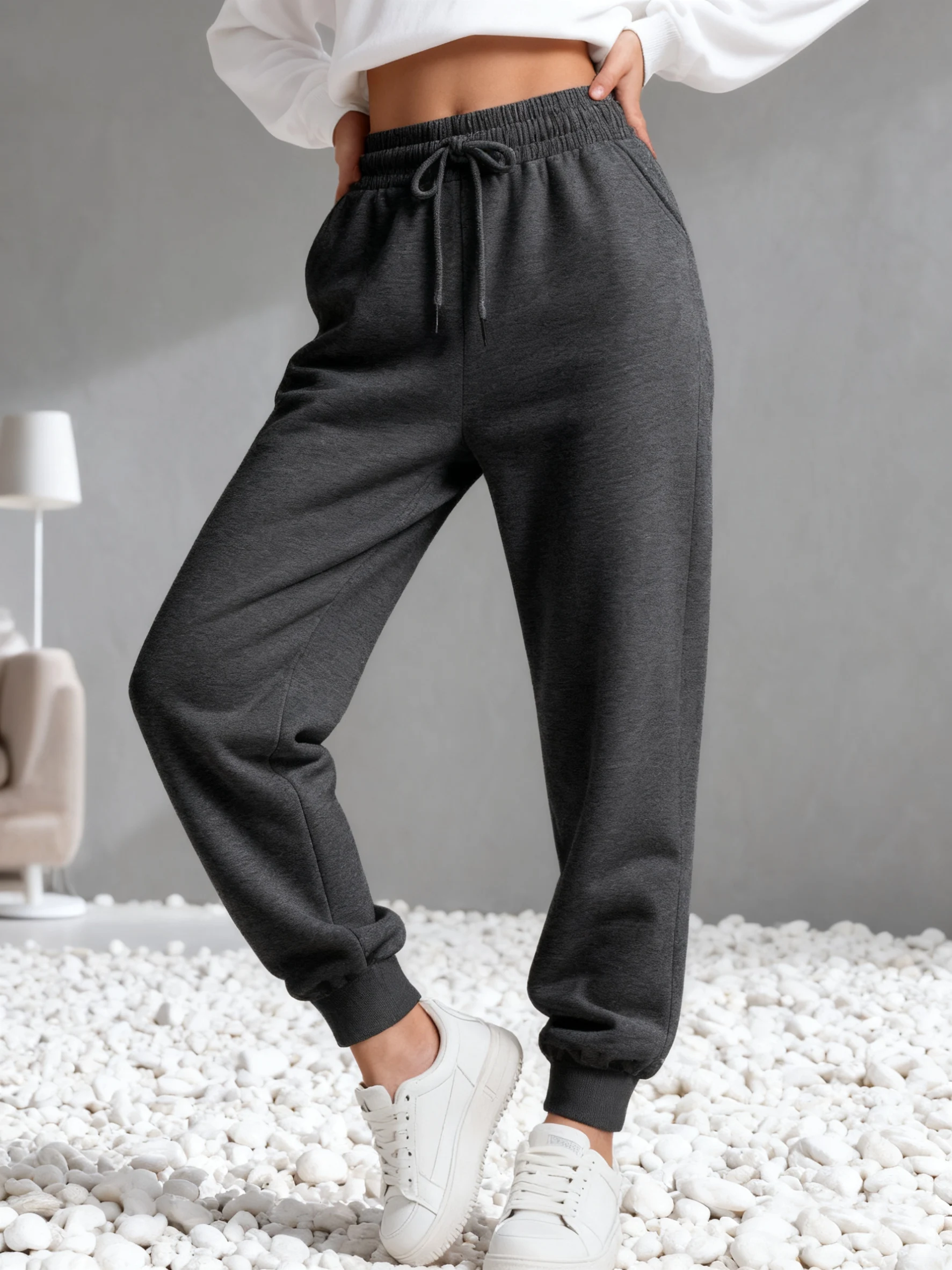 Lässige Damenhose Winter Jogginghose mit Taschen Sportliche Lose Fleece-Jogginghose Basics Elastischer Bund Damenkleidung – Detail 17
