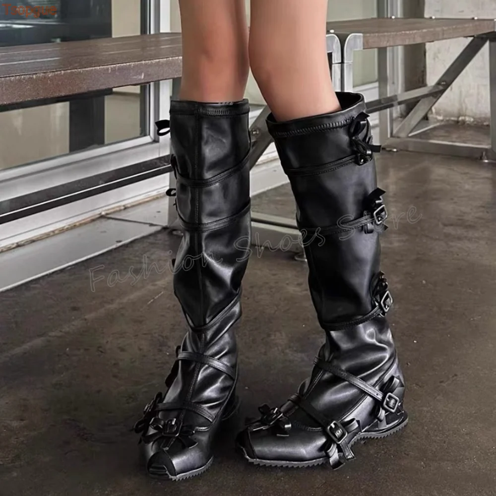 

Black Bow knot Decor Buckle Decor Boots Matte Leather Mid Calf High Heel Shoes for Women Sexy Heels 2025 New Zapatos Para Mujere