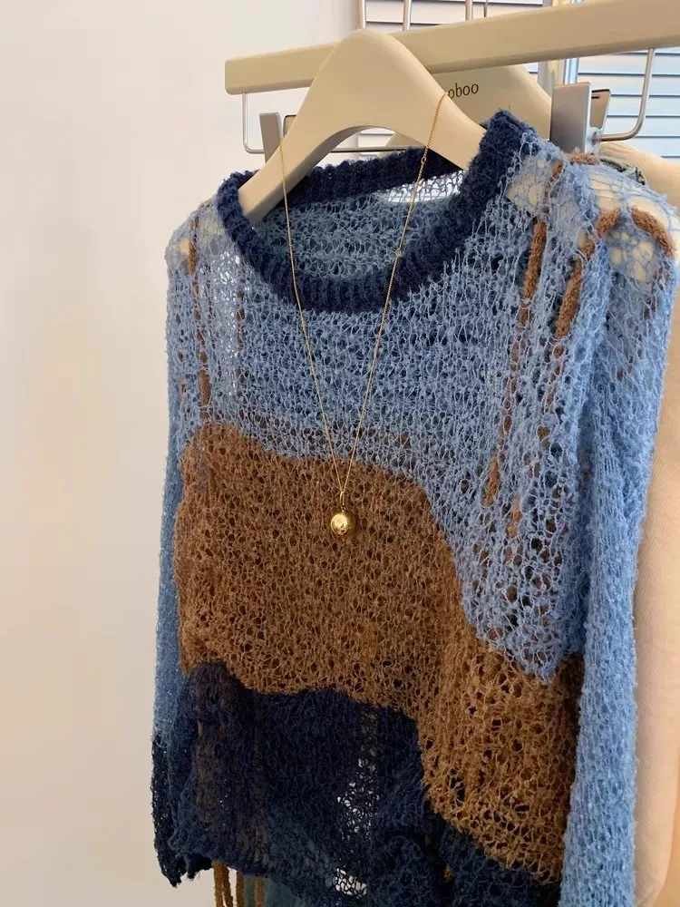 Slimming Lace-Up round Ne Knitwear Casual Hollow out Thin Long Sve Women's Autumn Sle Comfortable Breathable Top irt