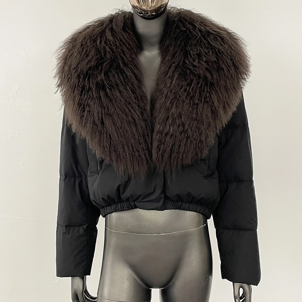 

CXFS 2025, новая зимняя женская короткая куртка-пуховик, толстая теплая одежда на белом утином пуху, сращенная ​ ​ съемный пляжный шерстяной воротник