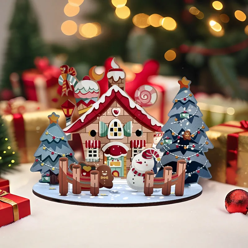 Natale Cartoon House Assemblaggio in legno Ornamento Fai da te Regalo di festa per bambini Prodotti di carta dipinti in 3d Ornamento Decorazione giocattolo