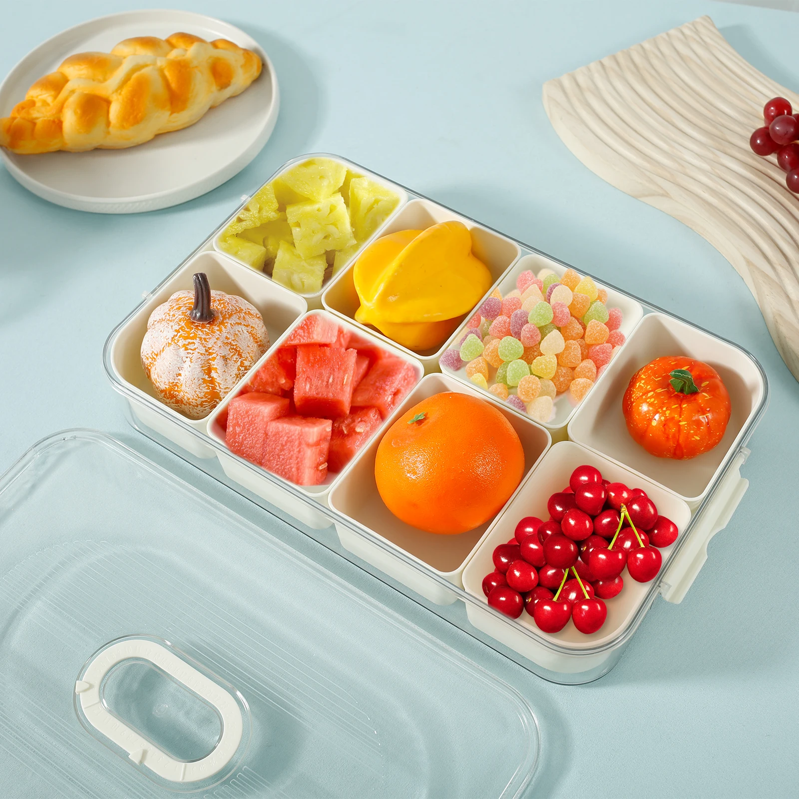

Divided Snack Box with Lid 8 Compartment Divided Serving Tray with Handle Good Sealing Snack Box Container Rectangle Divided