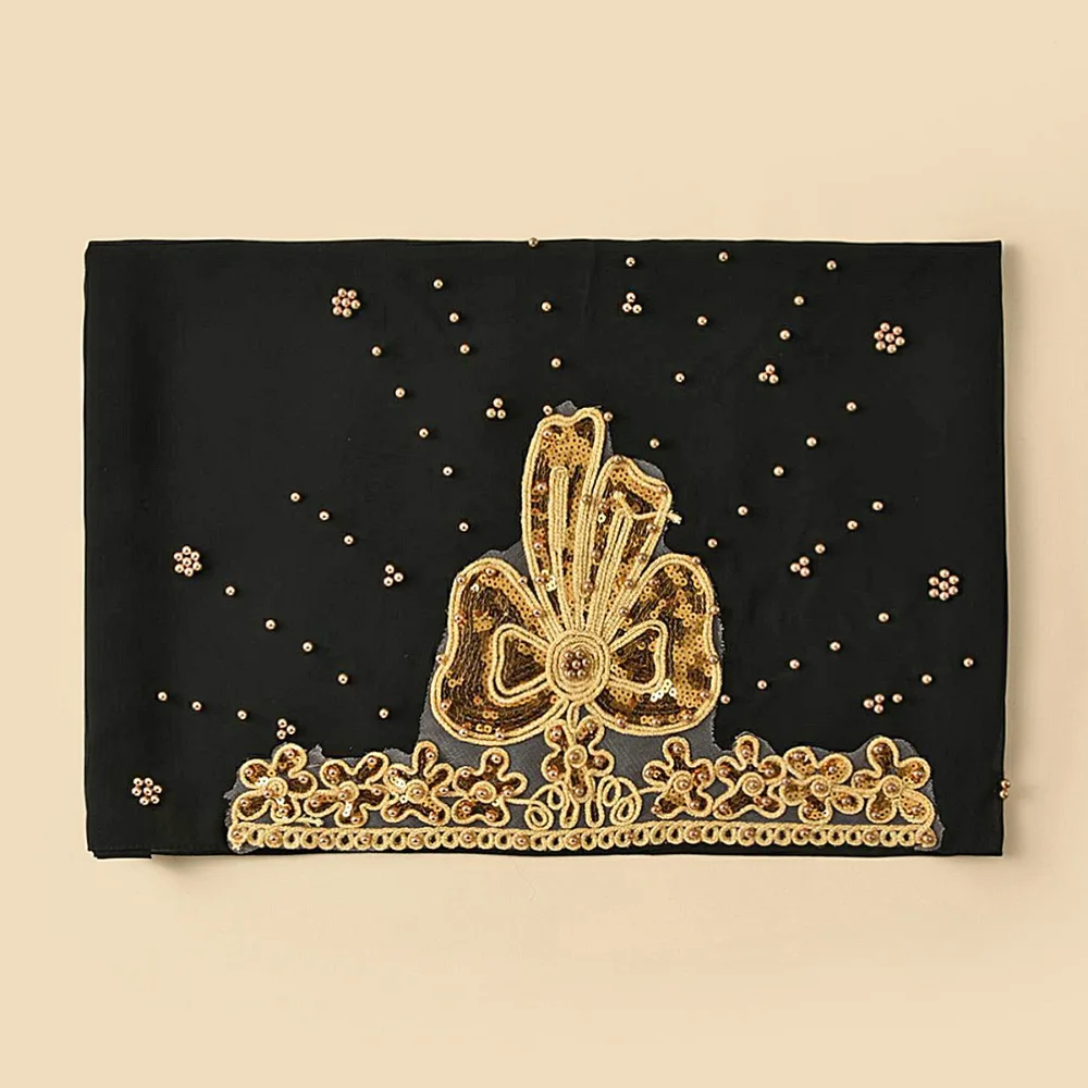 

Роскошный шелковый шифоновый хиджаб с жемчугом, вышивкой золотыми бусинами, женский головной платок, длинный бантик, пайетки, шаль, Ид аль-Фитр