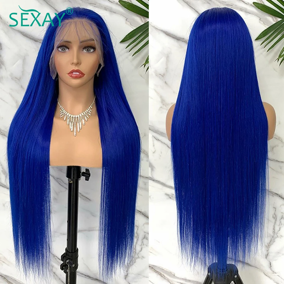 16-32 Inch Blue Color Lace Front Wig Straight Human Hair 13x4 HD Transparent Lace Frontal Human Hair Wigs Pre Plucked For Women