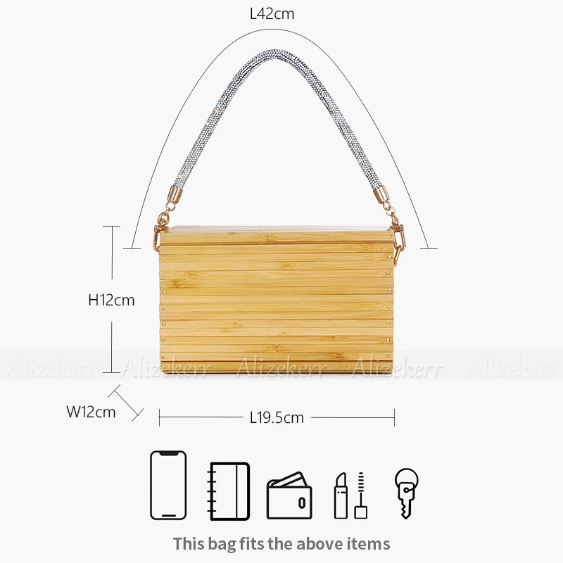 Alizekerr Cuboid Box Bamboo Beach Handbags Women 2024 Boutique Summer Vintage Rhinestone Handle Wood Straw Bags Bohemian Holiday