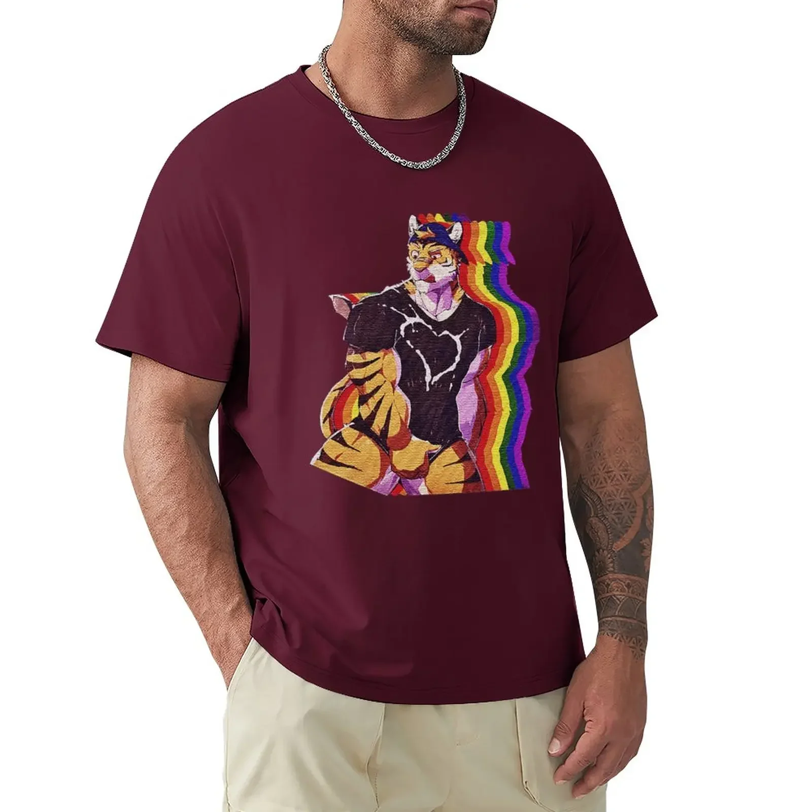 Sexy furry tiger bara with vintage rainbow flag T-Shirt boys t shirts hippie clothes cat shirts mens clothes