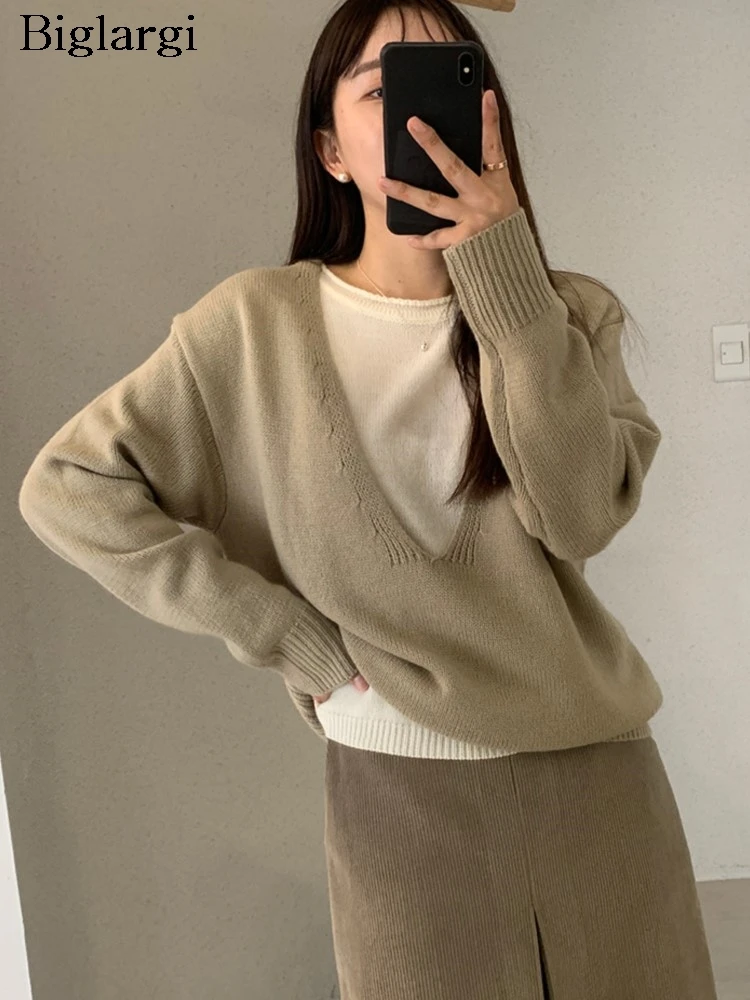 

Knitted Autumn Fake Two Piece Set Patchwork Pullover Sweater Women Korean Style Loose Modis Ladies Sweaters Casual Woman Sweater