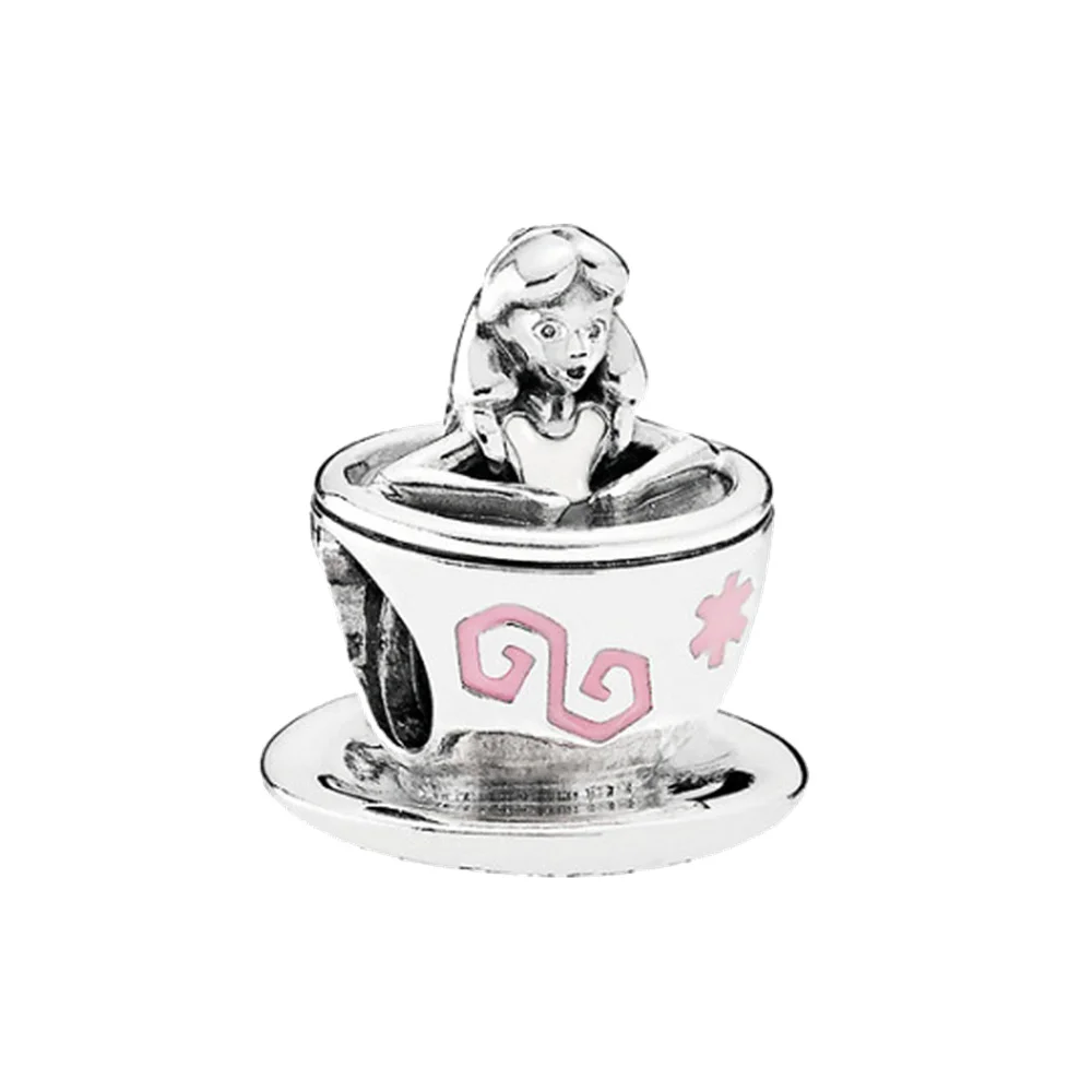 Disney Alice 925 Silver Bead Hat Tea Cup Charms Pendant Fit Original Pandora Bracelet Charming Women's DIY Jewelry Fashion Gift