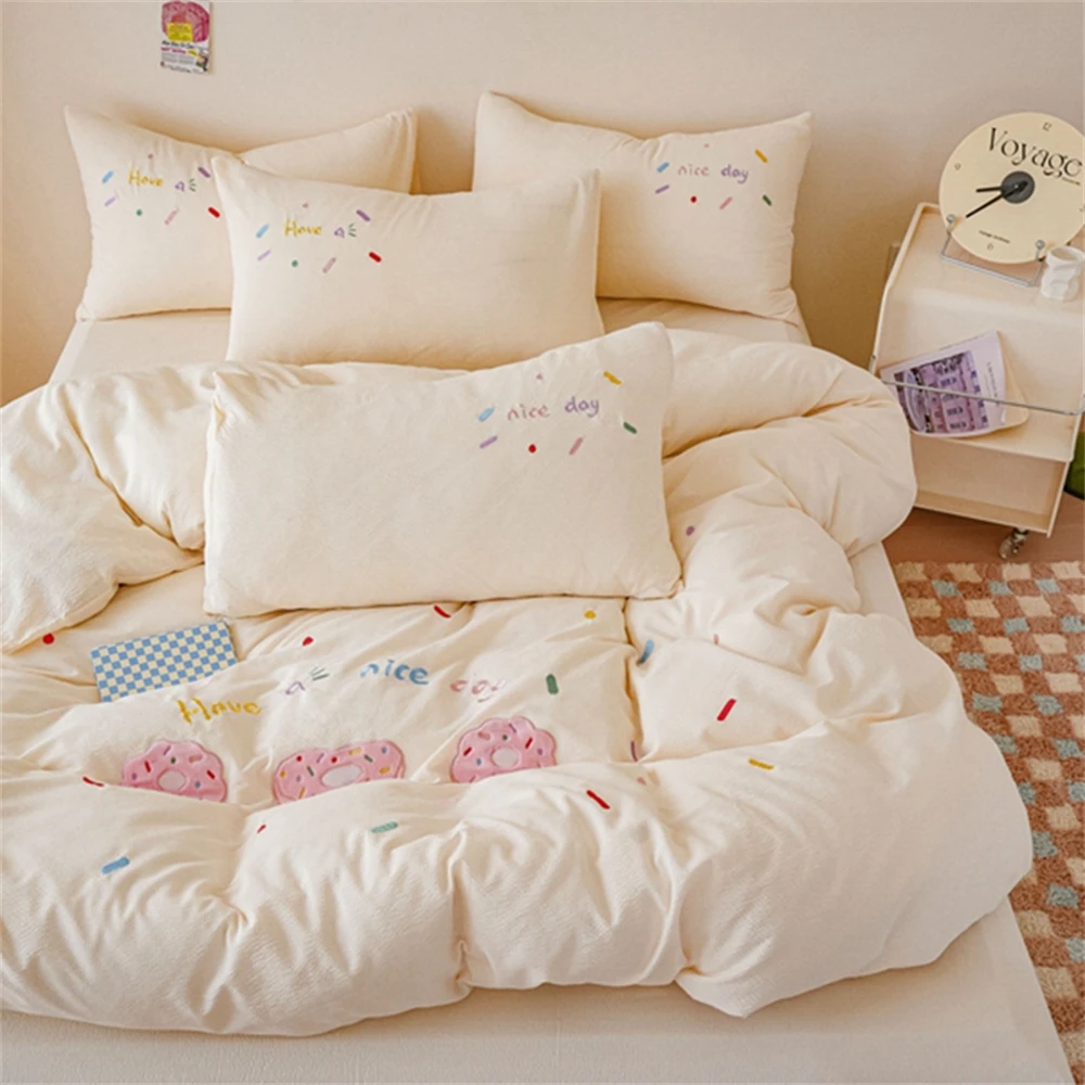 Pink Bedding Sets Solid Color Washed Cotton Home Girls Bedroom Decor Duvet Cover Pillowcase Bedspread Embroidery Four Piece Set