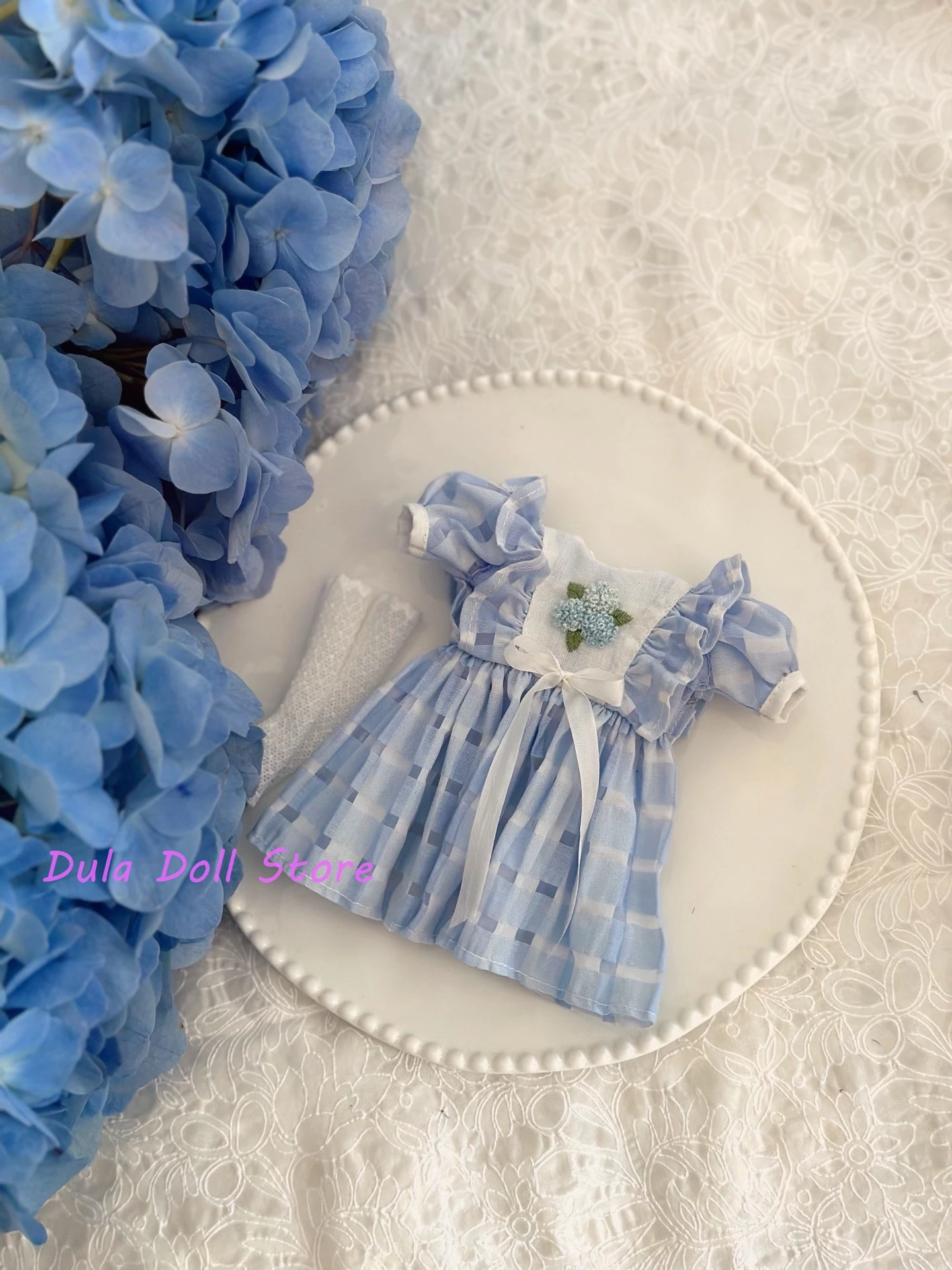 Ubranka dla lalek Dula Sukienka Różowo-niebieski haft Blythe Landoudou Landazz ob24 ob22 Azone Licca ICY JerryB 1/6 Bjd Doll