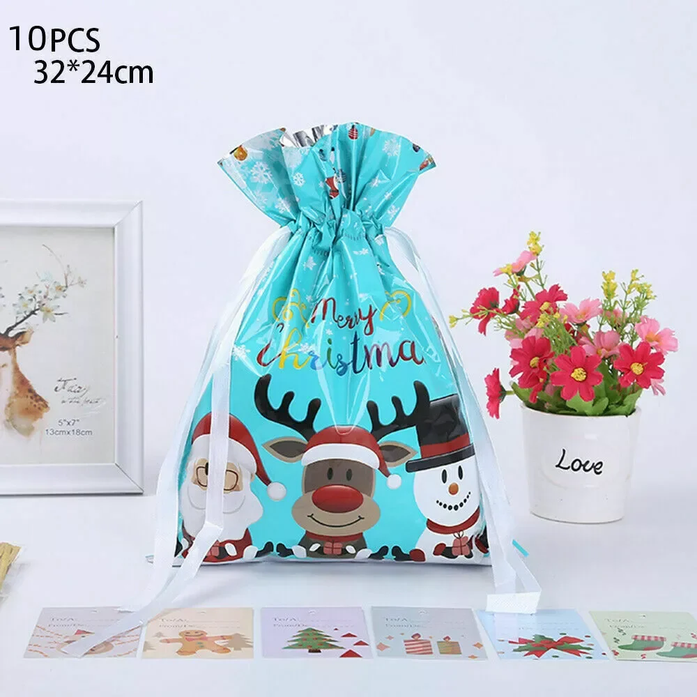 10 SZTUK 32X24CM Duże świąteczne worki na prezenty Torby na prezenty ze wstążką Torby do przechowywania prezentów Xmas Presents Party Decoration — zdjęcie 4