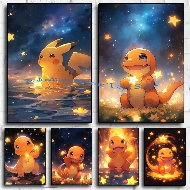 

Картина с изображением Ван Гога Звездное небо покемон аниме фигурки Пикачу Акварельная живопись Холст Плакаты и принты Настенная картина для гостиной