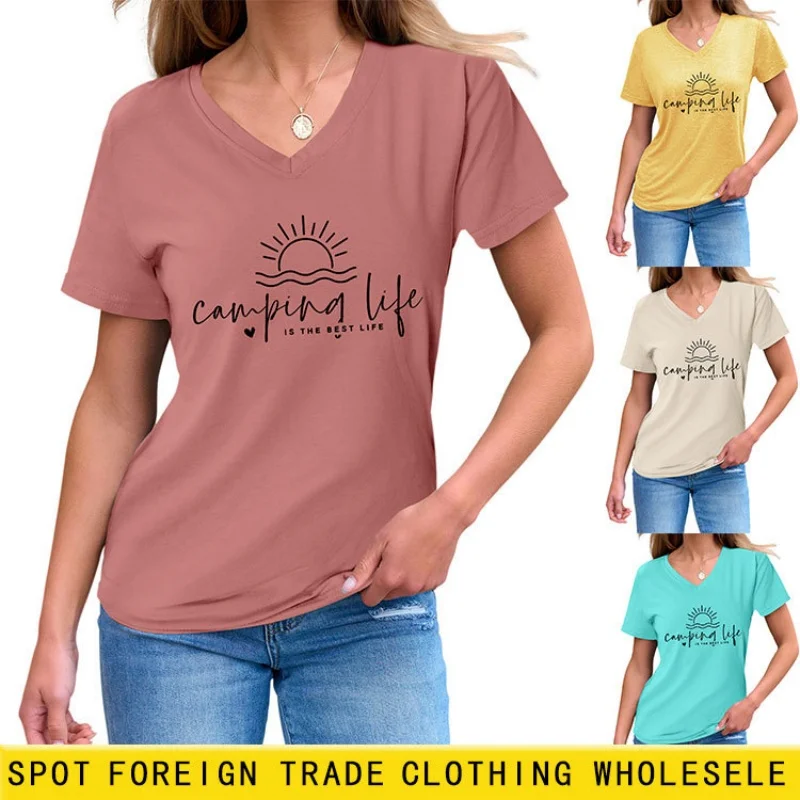 

Letter-printed versatile V-neck short-sleeved T-shirt for women, summer lightweight casual top with shoulder straps