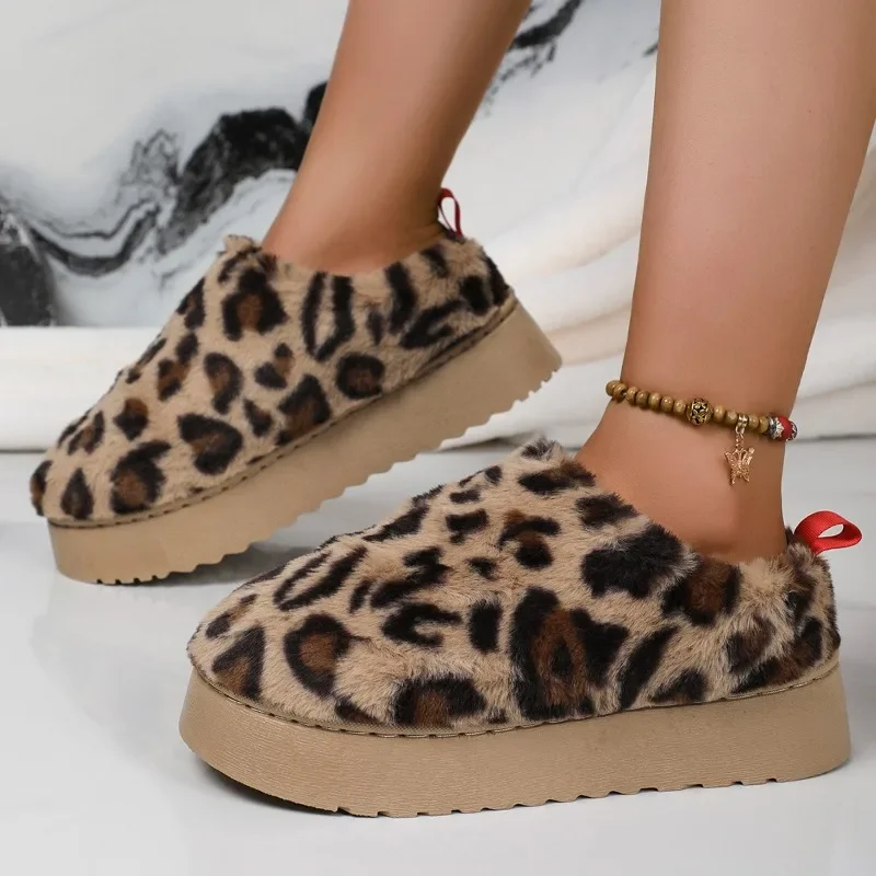 Fashion Design Leopard Fur Ankle Snow Boots Women\'s Warm Cotton Shoes Winter Short Plush Boots 2024 New Comfortable Femme Botas