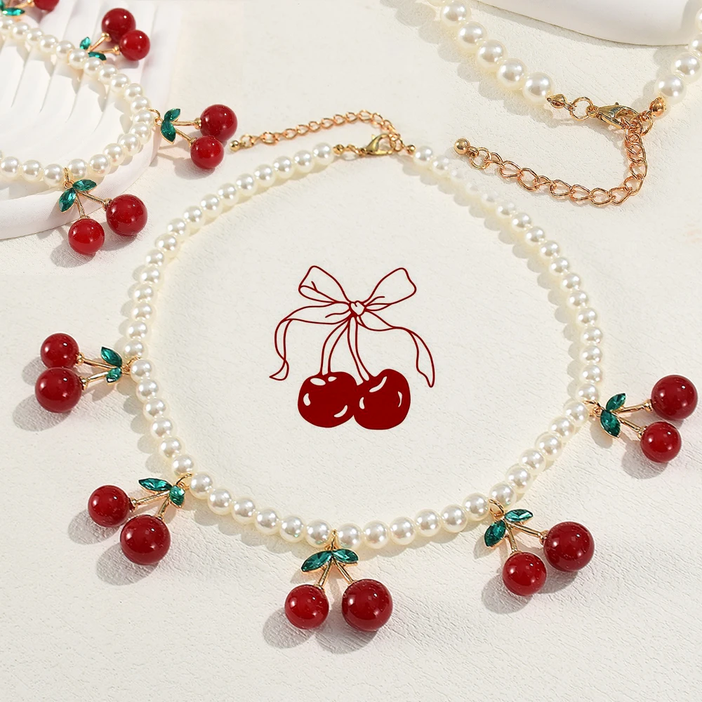 Trend Pearl Cherry Charm Necklaces for Women Girls Vintage Red Fruit Pendant Choker Fashion Jewelry Gifts