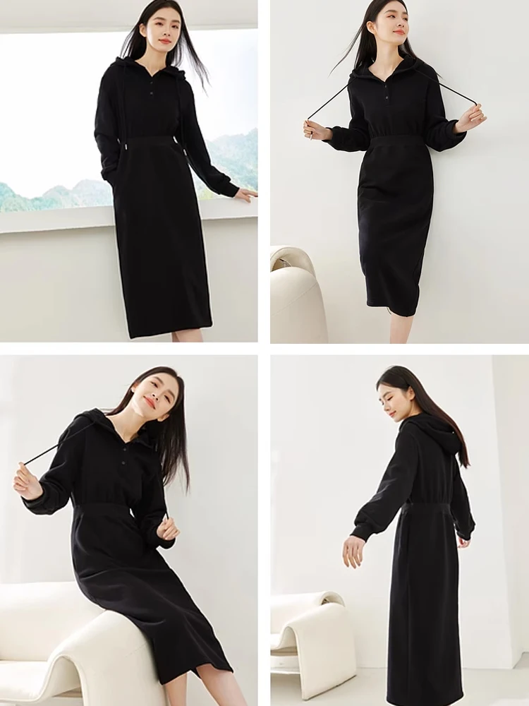 Vimly Black Hooded Sweatshirt Dresses for Women 2023 Winter Fleece Thicken Warm Straight Pockets Midi Dress Female Clothes M3715