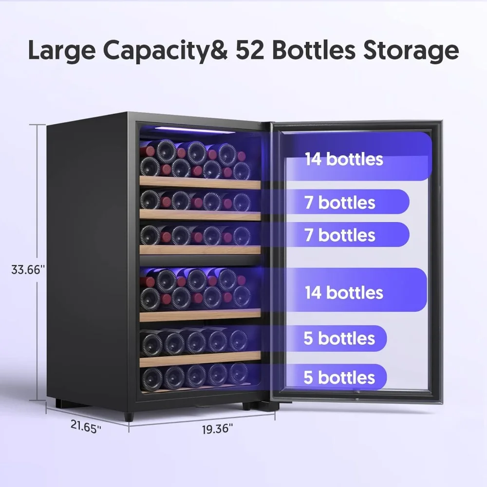 Wine Cellar Wine Refrigerador, resfriamento rápido, baixo ruído, sem nevoeiro, controle de temperatura digital, compressor, 52 garrafas, 20 Polegada, 41F-68F