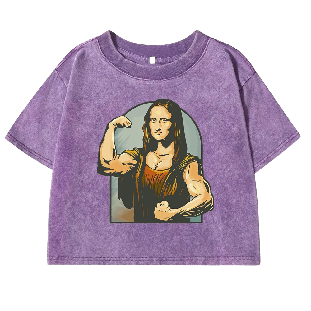 تي شيرت قطني مطبوع للإناث ، ملابس لياقة بدنية كلاسيكية ، ملابس ضيقة ، قمصان رياضية رائعة ، لعب الناس على مونا ليزا ، الصيف