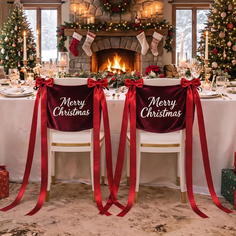 2pcs New Velvet Christmas Chair Cover Decoration Wine Red Dark Green Flannel Chair Back Ornament For Xmas Party Gathering