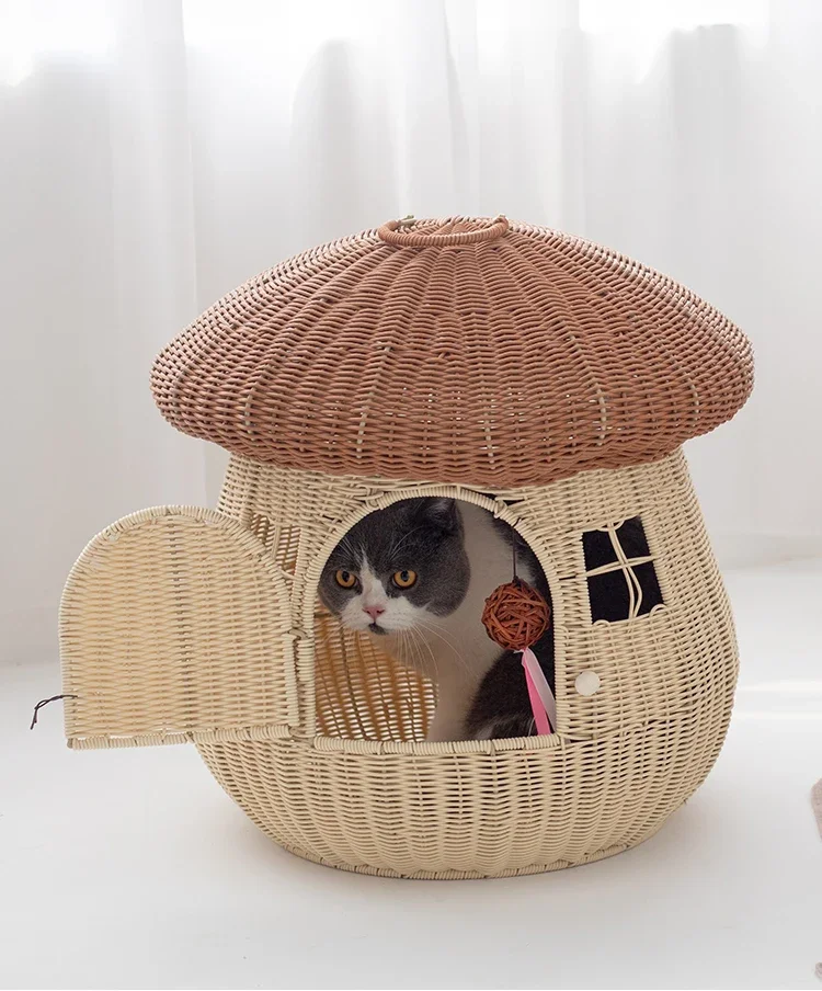 Cat's Nest Four Seasons Universal Mushroom House Pet Supplies Summer Vine Weaving Closed Cat House Removable and Washable Villa