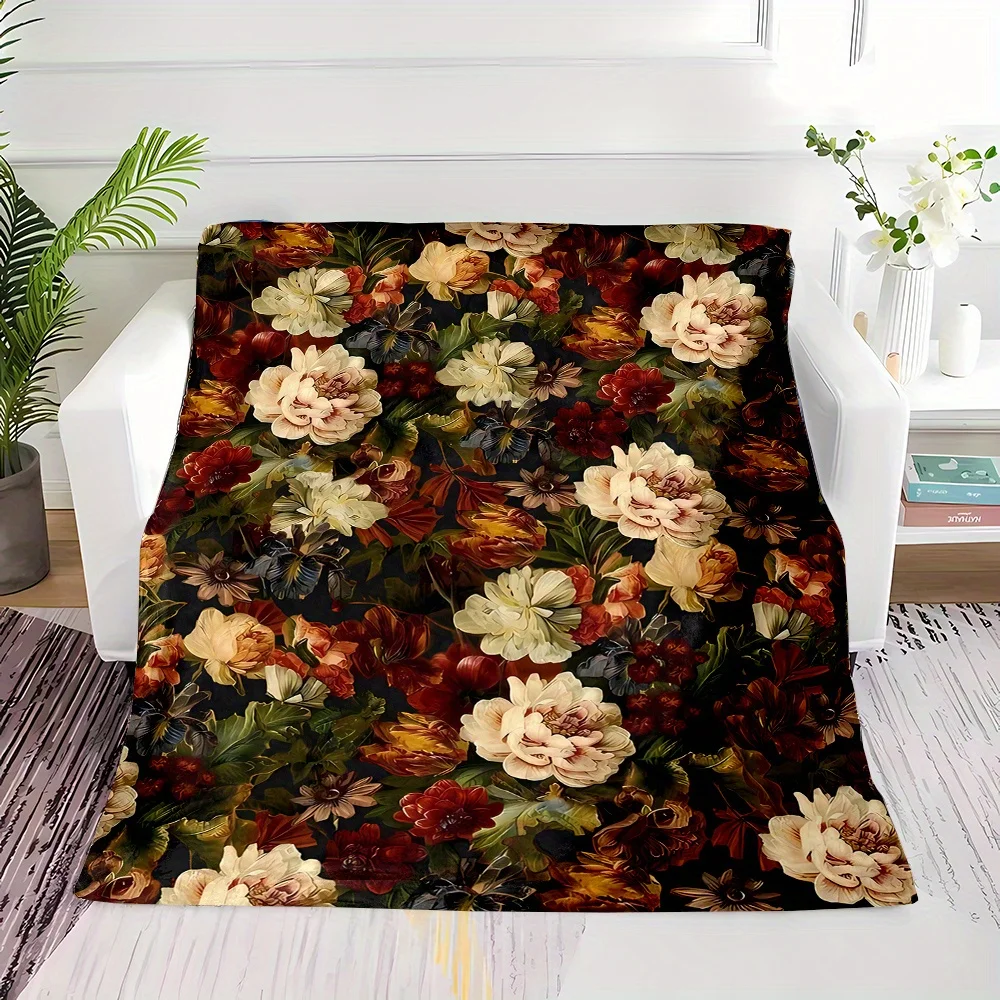 [Reversible Floral Blanket] 1pc Reversible Floral Print Flannel Throw Blanket - Contemporary, All-Season Cozy Polyester Fleece,