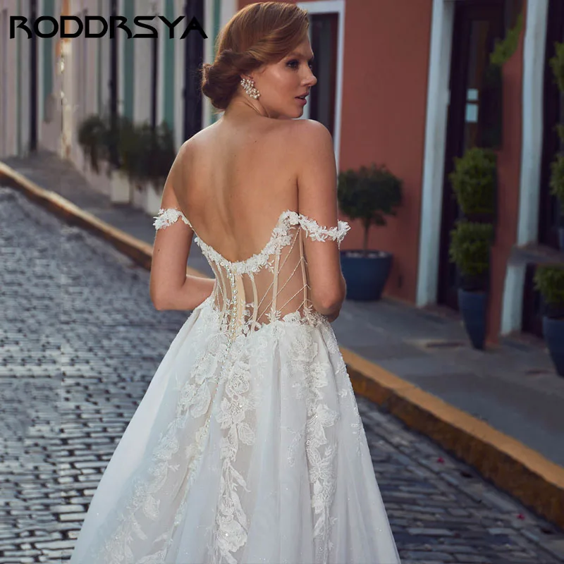 RODDRSYA-vestido de novia de línea A con hombros descubiertos, vestido de princesa bohemio de encaje con escote Corazón, tul, fiesta nupcial, Perla elegante, tren de barrido sin espalda vestido de novia de línea A con