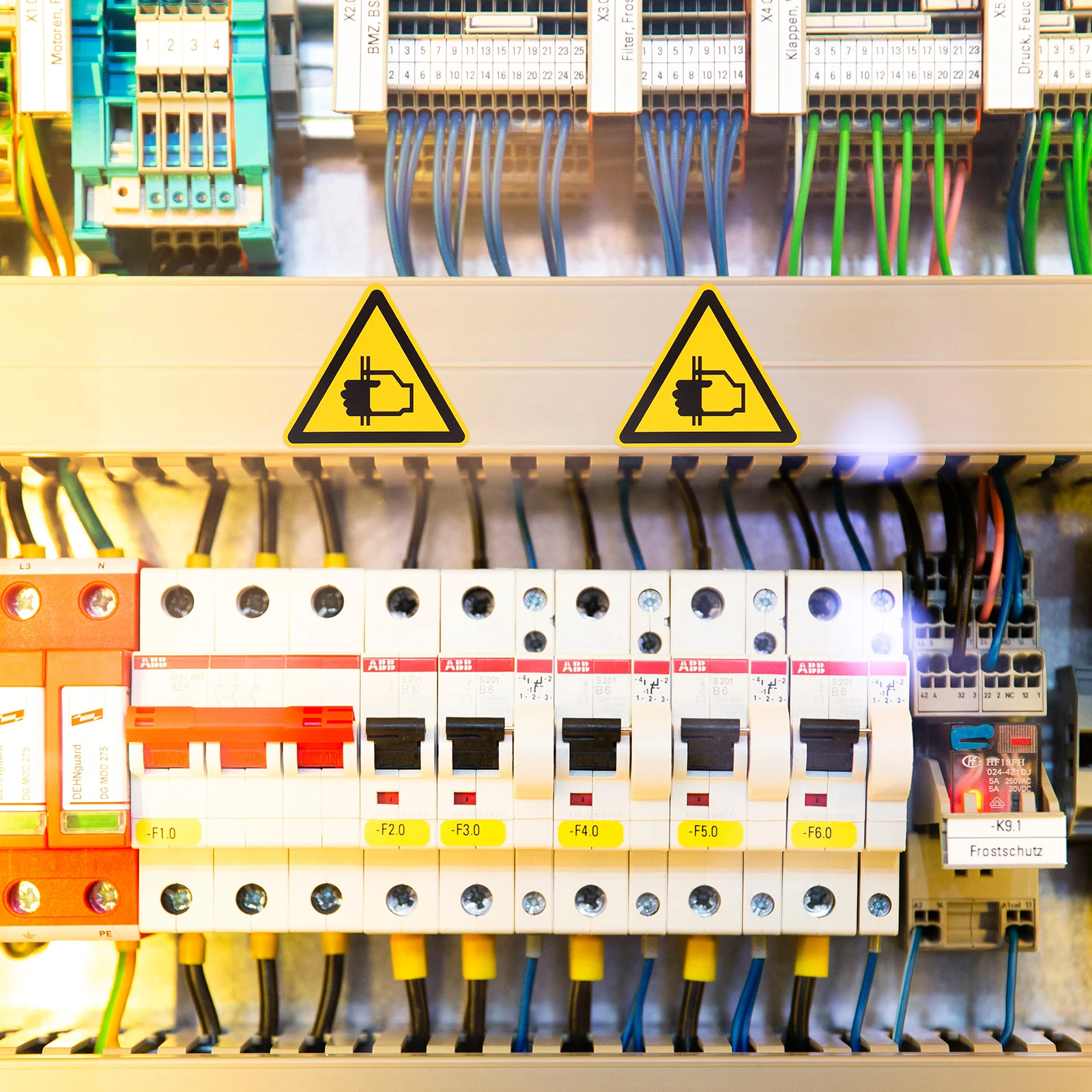 6 pçs etiqueta de advertência adesivo 100mm triângulo mão esmagamento decalques de segurança cuidado adesivo equipamentos de vinil adesivos