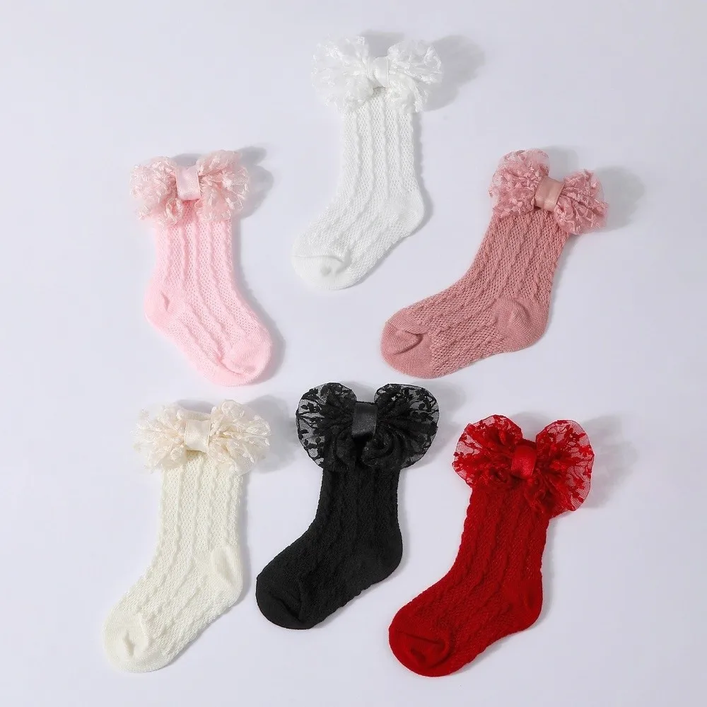 2PCS/Set Solid Color Headband Socks Lace Bow Elastic Knit Socks Set Breathable Hollow Out Newborn Long Socks