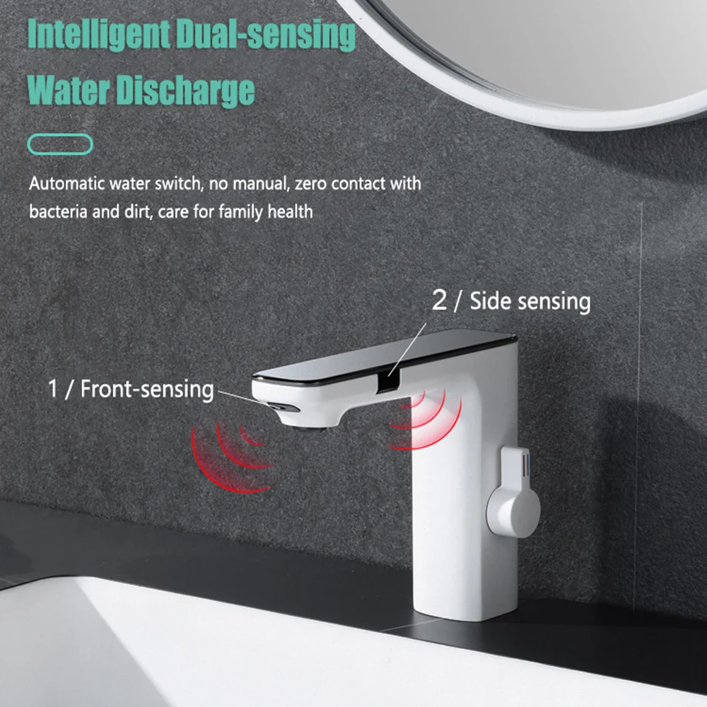 Touchless Bath Basin Faucet Smart LED Digital Water Temperature Dual Sensor Bathroom Sink Faucets Hot&Cold Washbasin Mixer Taps