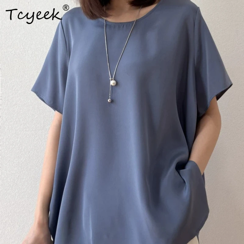 Tcyeek 93% Real Silk Shirts for Women 26MM Silk Clothes for Ladies 2026 Summer Larger-sized Stretchable Loose Top Tops De Mujer