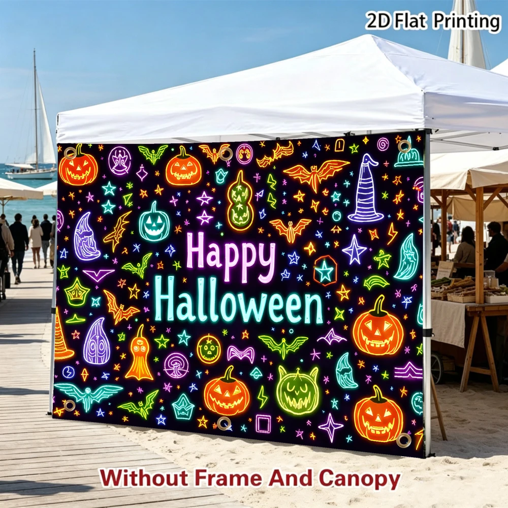 1pc 2D Printed Sidewall Sun Shelter with Happy Halloween Pattern With Pumpkins Bats And Wizards, RV camping, road trip camping