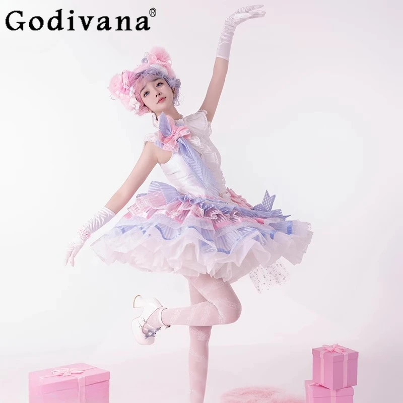 طقم تنورة لوليتا للسيدات قميص أبيض عالي الخصر تنورة قصيرة على شكل حرف A من قطعتين تناسب ملابس تنورة الأميرة اليابانية النسائية