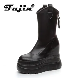 Fujin 12 centimetri 2024 In Pelle Microfibra Donne Vulcanizzate Aumento Casual Stivaletti Piattaforma Cuneo Tacchi Alti Scarpe Bianche ZIP scarpe