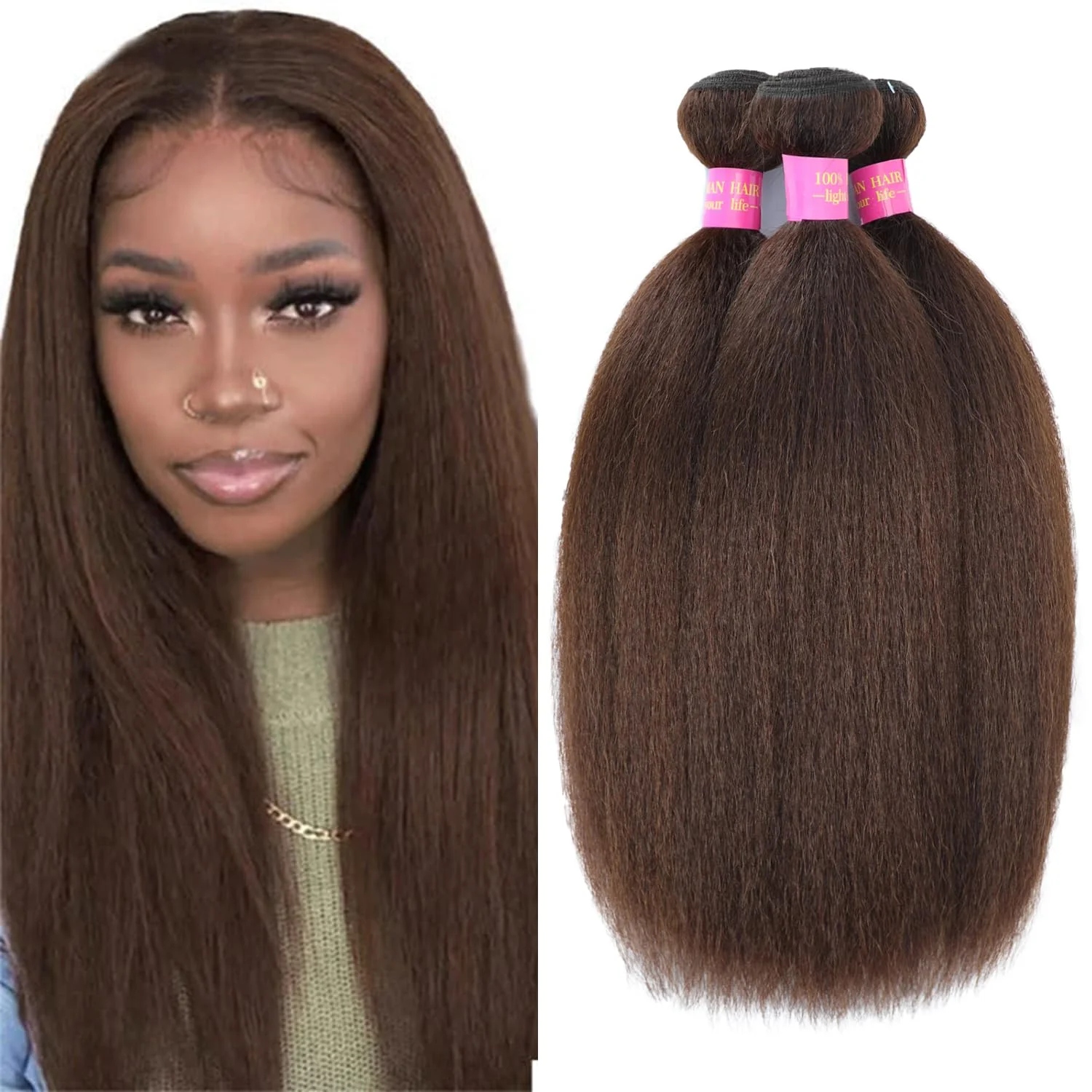 15A Schokoladenbraune Kinky Straight Echthaar-Bündel Farbe # 4 Yaki Straight Hair Bundles Echthaar-Bündel in Knochenglatt-Qualität