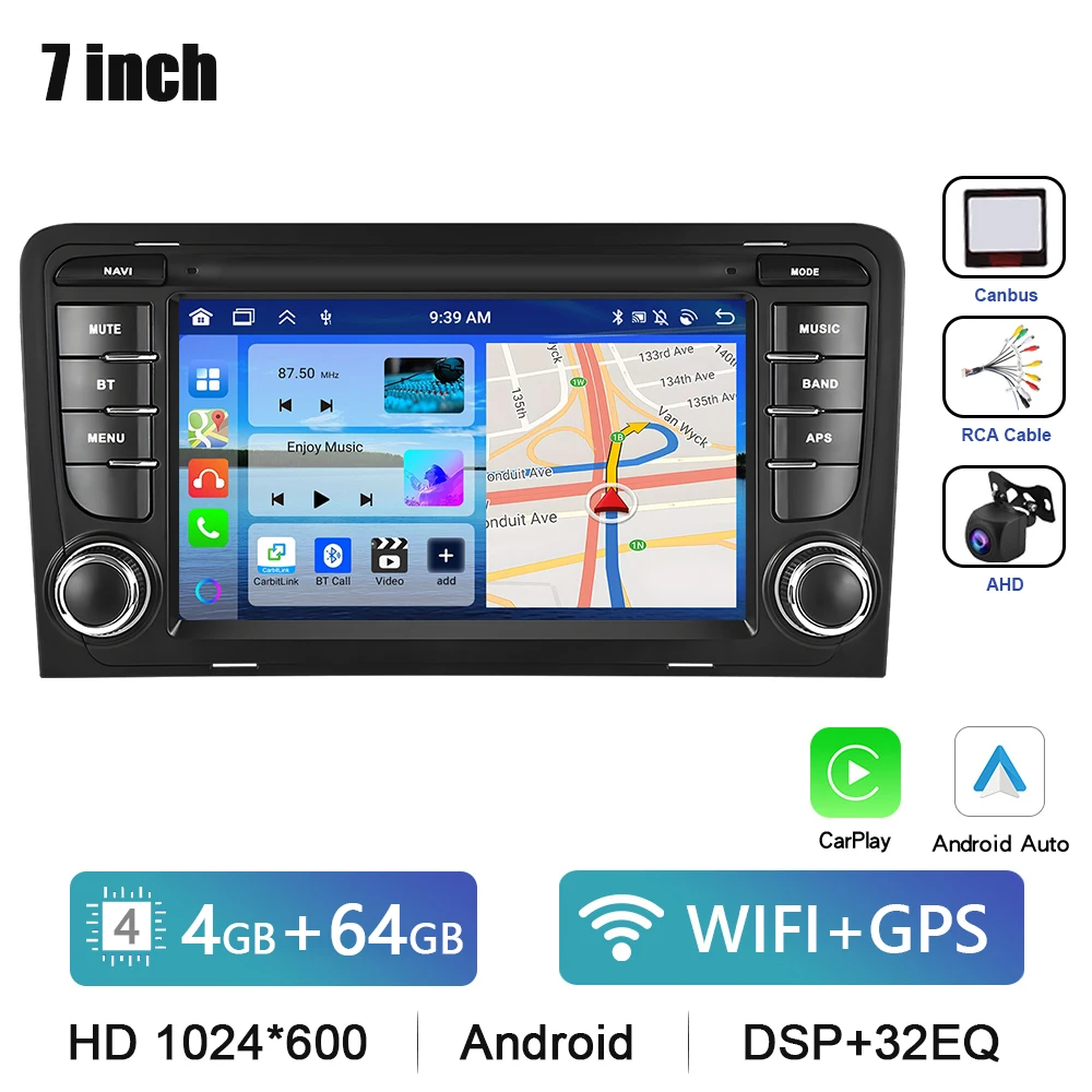 Podofo 7 "HD Touchscreen Autoradio Draadloze CarPlay Android Radio Voor Audi A3 Multimedia GPS FM WIFI Bluetooth Auto Intelligente - afbeelding 1