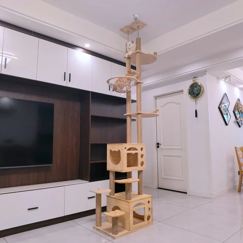 إطار تسلق القطط، عمود Tongtian مزدوج من الخشب الصلب المتكامل، منصة القفز على شكل شجرة القطط، لعبة القطط، مخالب الطحن