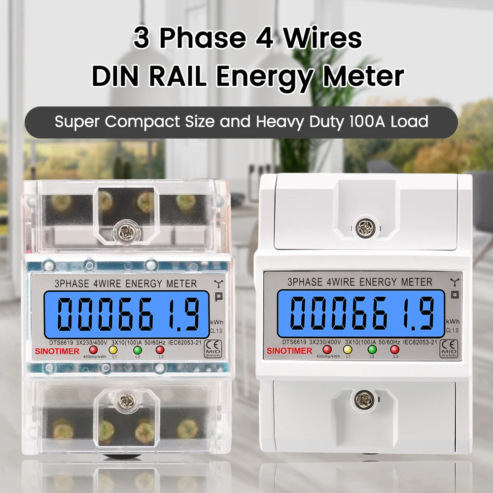 New Din Rail 3 Phase 4 Wire Electronic Watt Power Consumption Energy Meter kWh 100A 380V AC 50Hz LCD Backlight Display Wattmeter