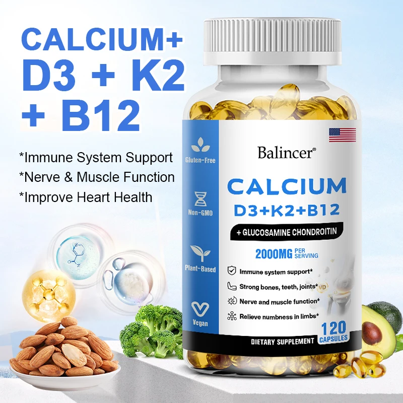 Cápsulas de vitamina de calcio D3 K2, contiene vitamina B12, regula el metabolismo del calcio, apoya los huesos, inmunidad cardíaca, articulaciones y músculos