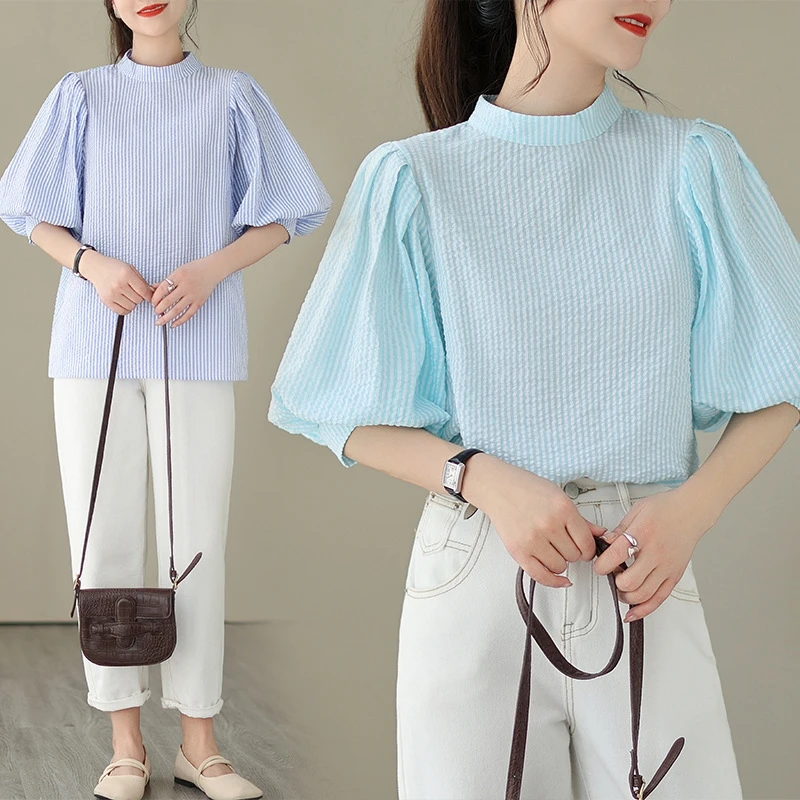 

2025 Autumn Winter New Korean-Japanese French Striped Small Stand Collar Puff Sleeve Loose Fit Feminine Versatile Women Blouse