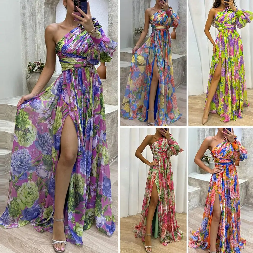 

Formal Evening Gown with Slits Off-shoulder Evening Gown Elegant One Shoulder Floral Print Maxi Dress for Women for Parties