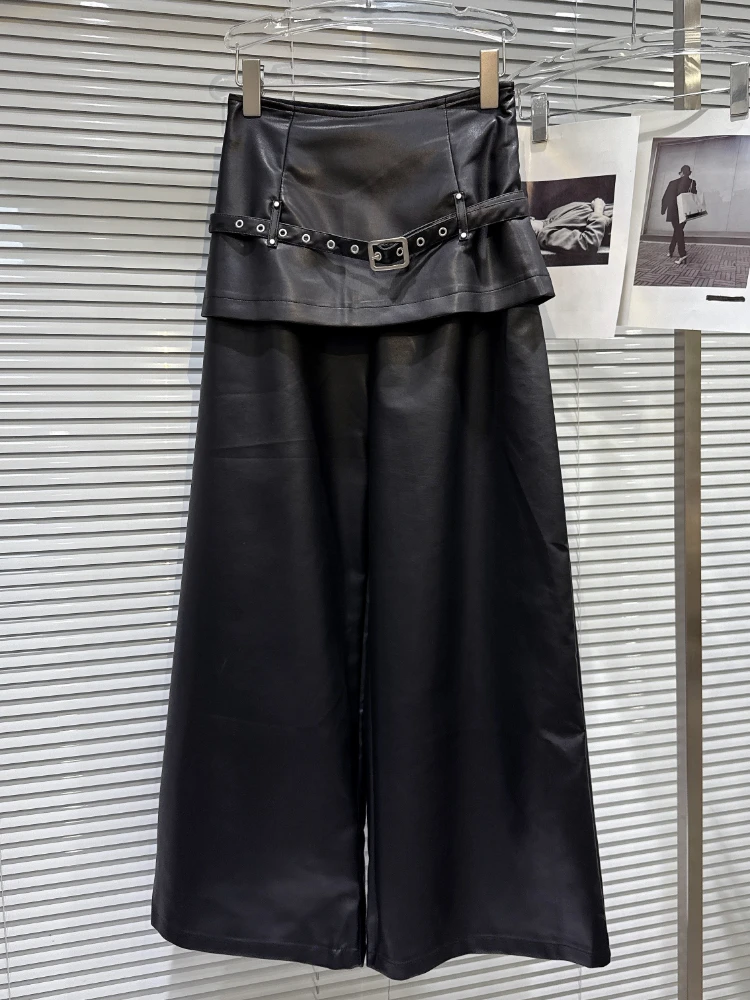 2025 Autumn New Street Style Belted Skirt Fake Two-Piece Wide-Leg Pants Cargo Pants For Women PU Leather Trousers Ladies Trendy