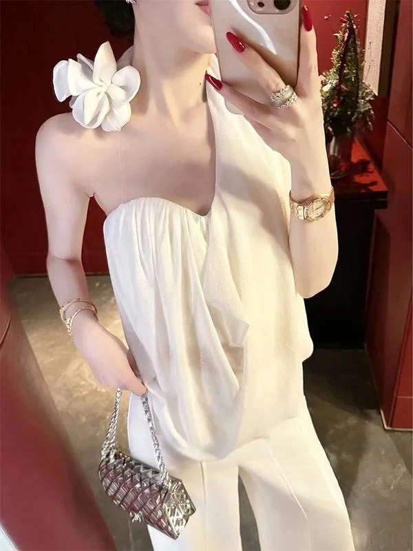 

XZY Ele plus Size Floral Print Ne Hanging Vest Women's Loose Long Pants Set Korean Sle High Waist Polyester Fiber