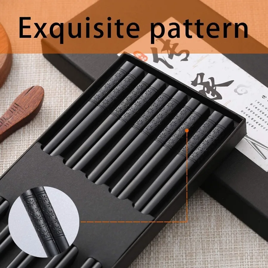 10 пар многоразовых палочек для еды из стекловолокна для столовой и кухни, можно мыть в посудомоечной машине, длиной 9 1 2 дюйма, гладкий черный дизайн для Евы