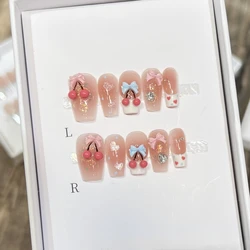 10pcs Handmade Press On Nails Gradient Pink Fake Nail With 3D Moon Heart Diamond Design Full Cover Nail Tips Wearable False Nail