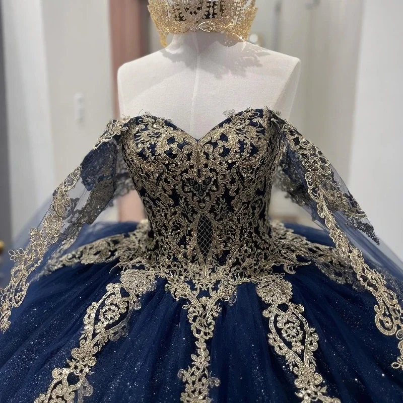 Angelsbridep Customized Navy Blue Ball Gown Quinceanera Dresses Gold Appliques Evening Party Dress Vestidos De Graduación