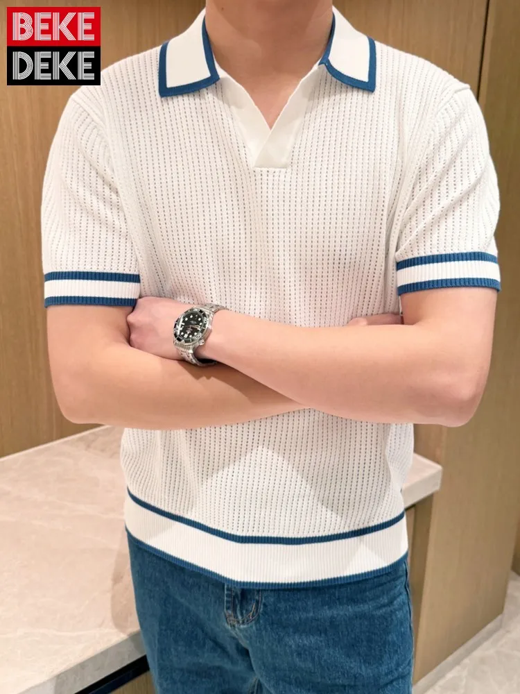 

Summer Mixed Colors Breathable Mens T Shirt Lapel Short Sleeve Hollow Out Italian Style Business Casual Pullover Tees Tops Male