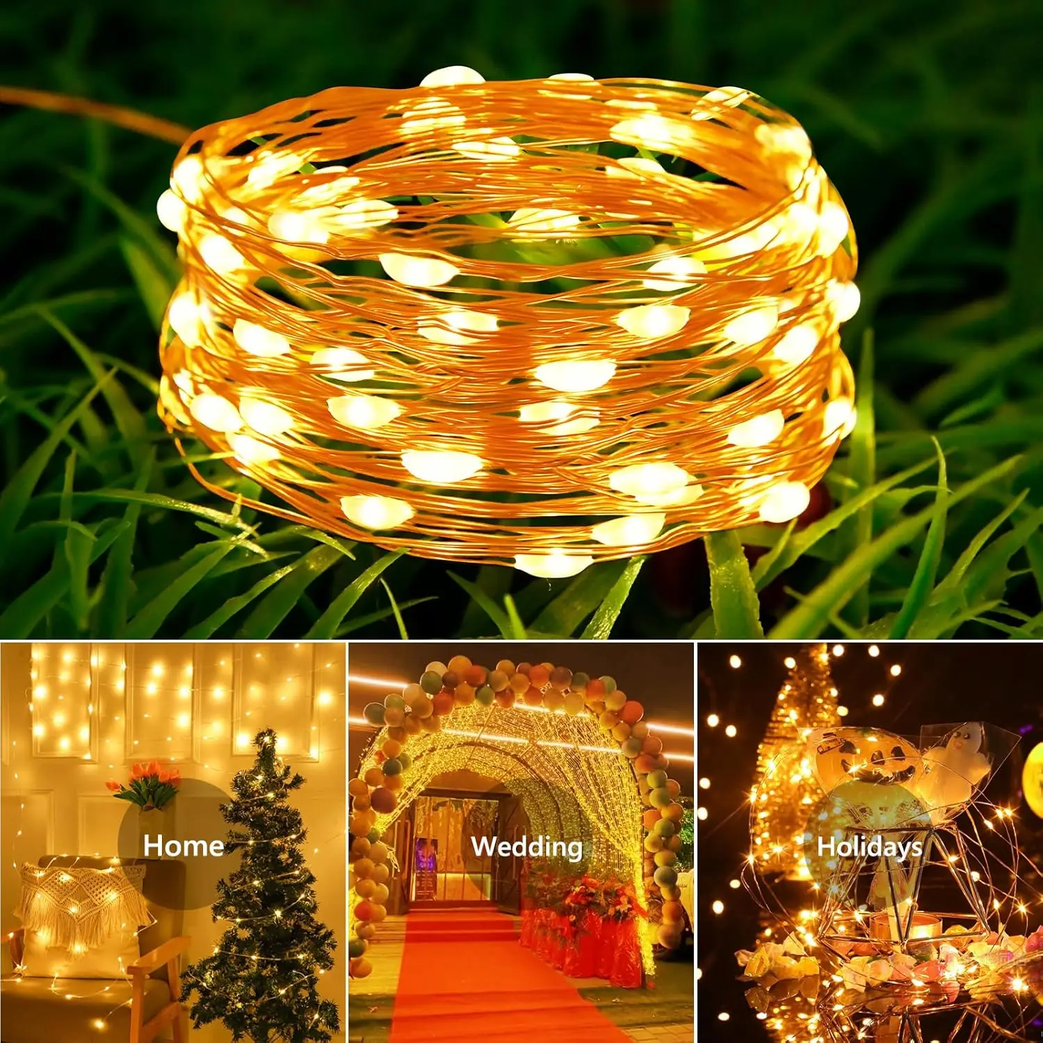 Guirxiété lumineuse LED solaire étanche, fil de cuivre scintillant, extérieur, arbre de Noël, fête de jardin, mariage, 8 modes, lumières dégradées