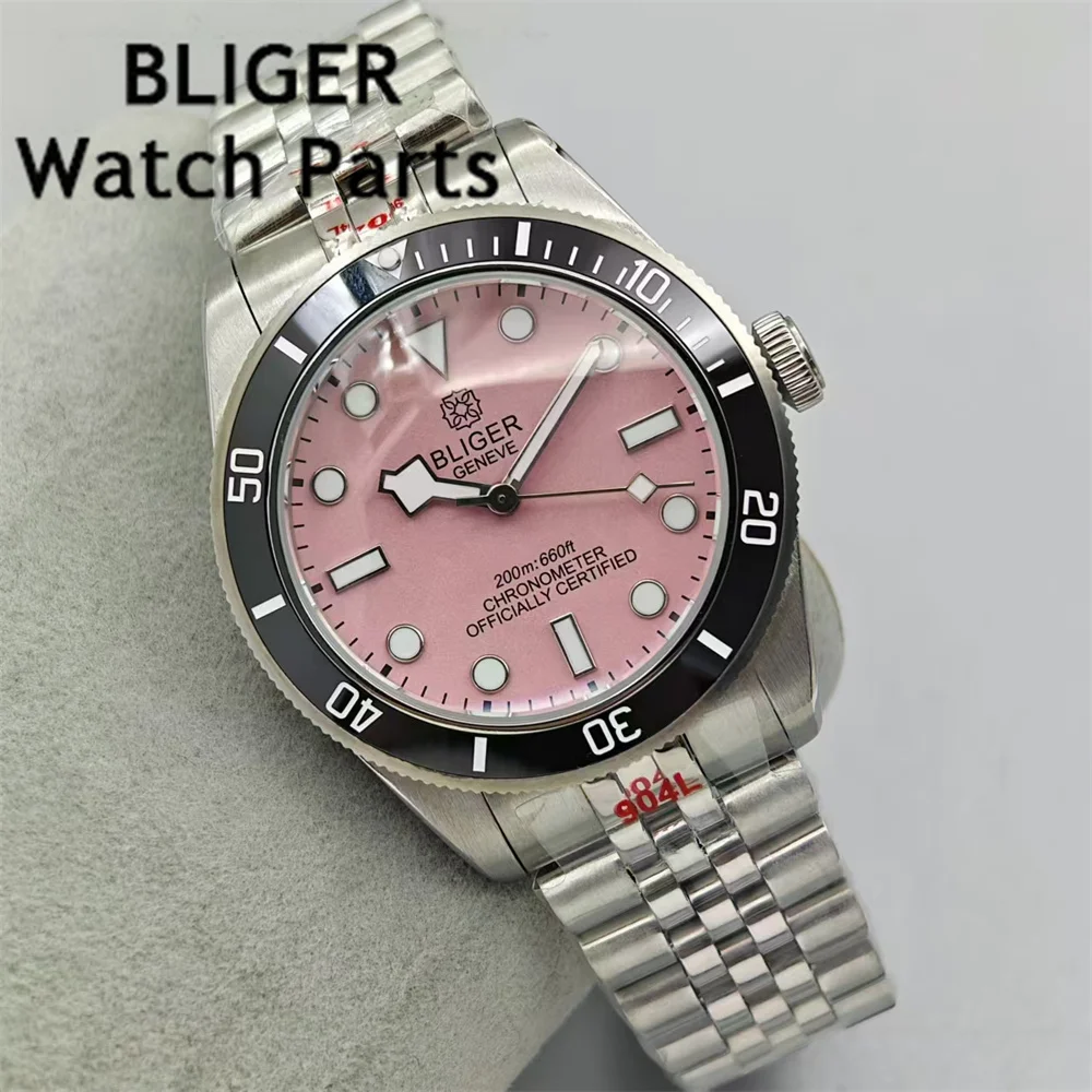 

BLIGER 39mm Sterile NH35A PT5000 Men Watch Domed Sapphire Crystal Ceramics Bezel Pink Dial Green Luminous Automatic Wristwatch