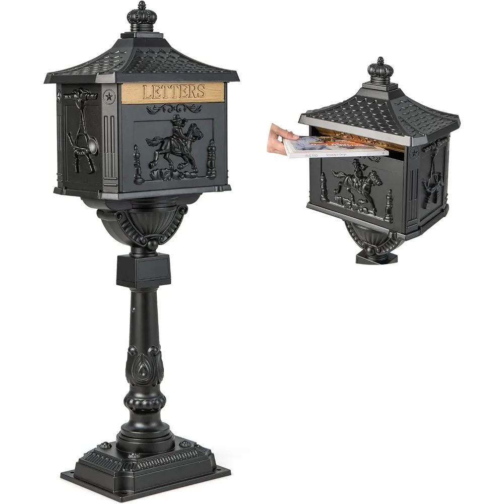 

Cast Aluminum Mailbox with Post - Locking Residential Mailboxes for Outside with Keys, Baffle Door, Expansion Bolts