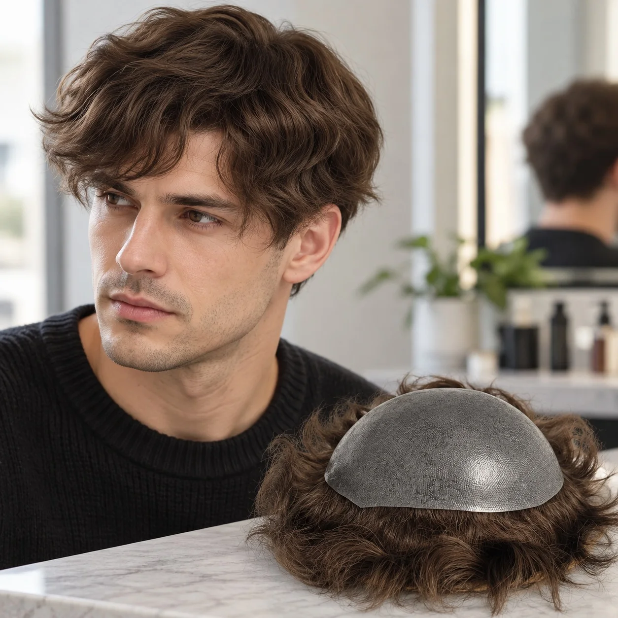 Men's PU Skin Toupee, European Human Hair System, 6 Inch 40mm Wave, 8x10 Inch, Brown 4#, 130% Density